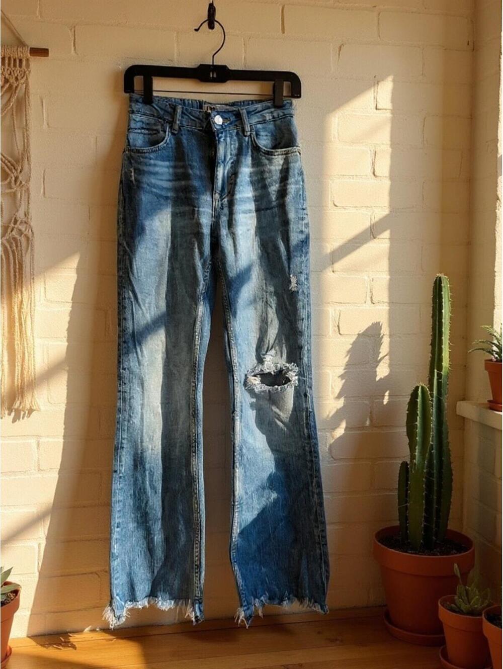Zara blue high rise distressed flare jeans  2